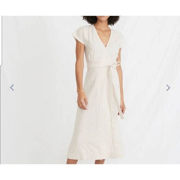 Marine Layer Maddie Wrap Dress in Oatmeal/Peach Stripe Size Medium - Picture 2 of 7